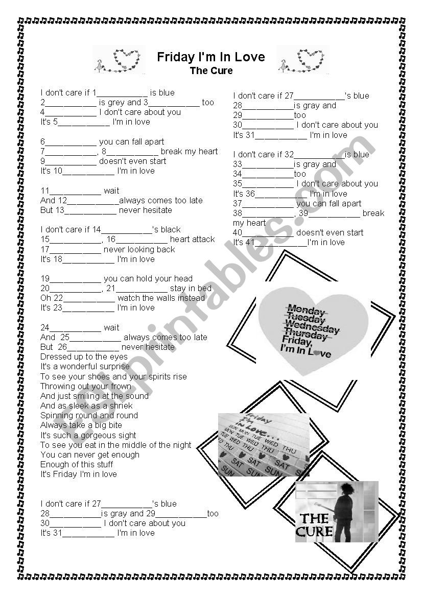 Song - Friday Im in love worksheet