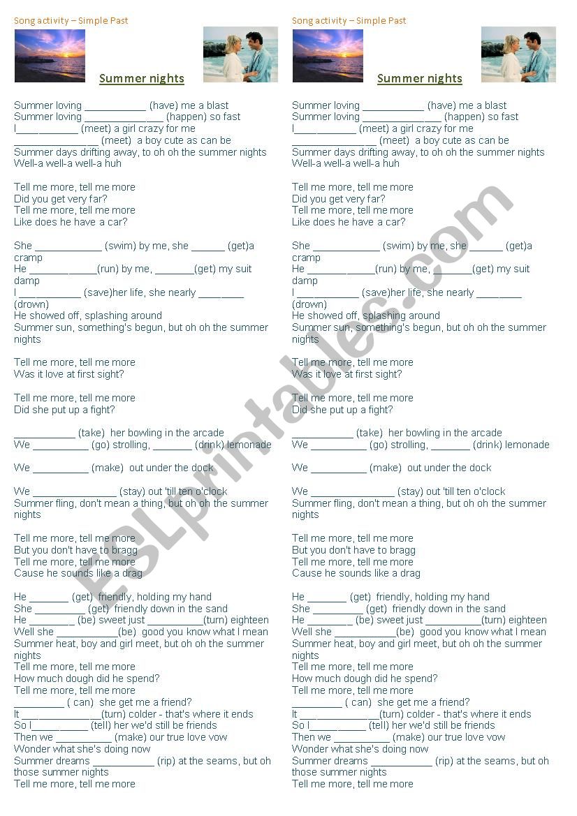 Song activity - Summer nights worksheet