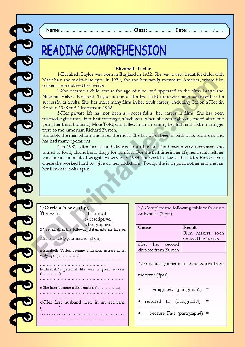 reading comprehension  worksheet