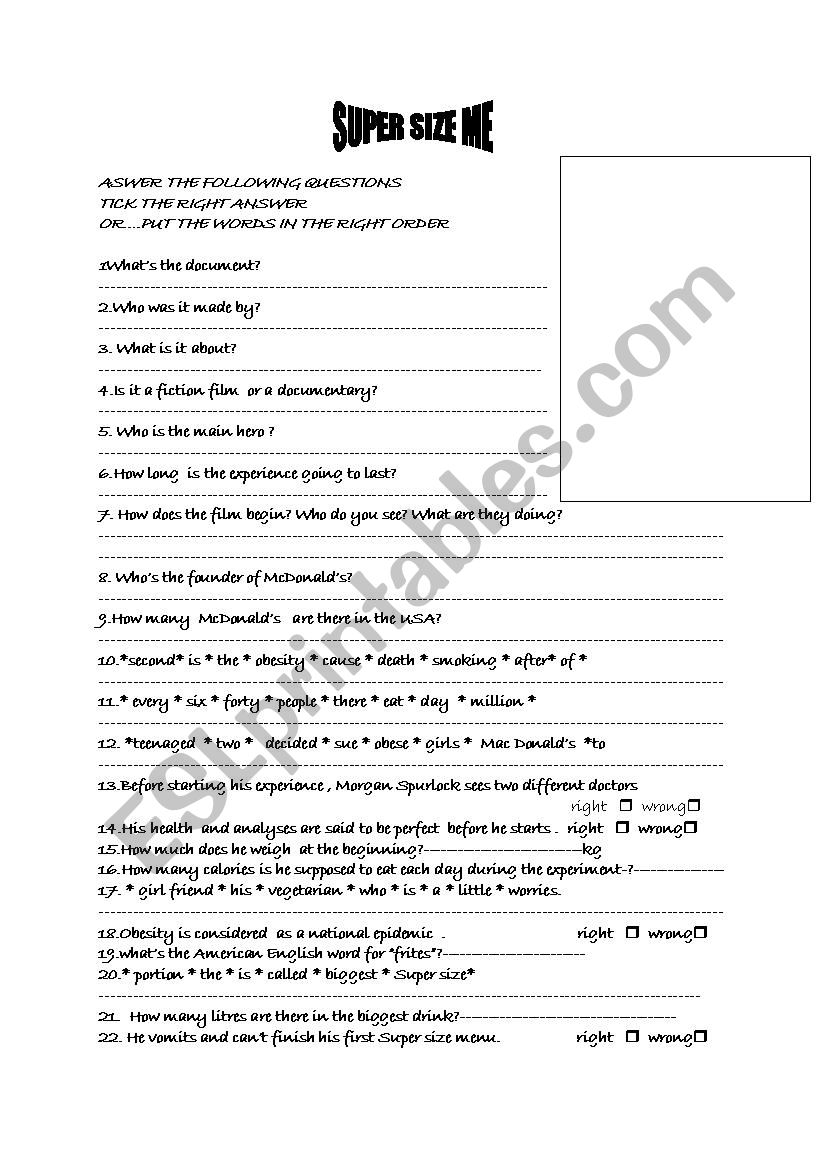 Supersize me worksheet