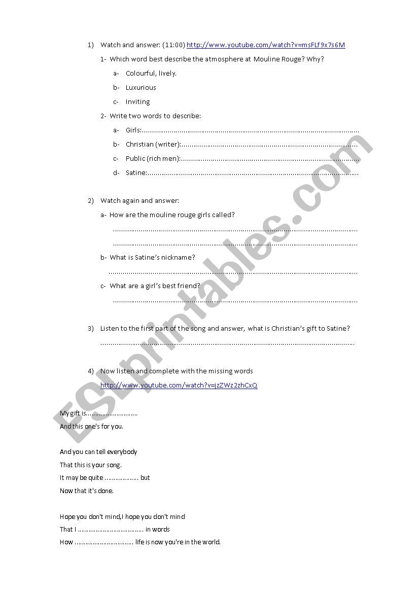 Mouline Rouge movie worksheet 