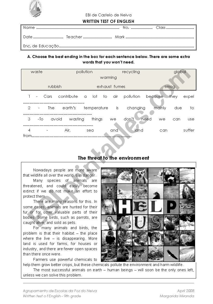 Threat to the environment worksheet