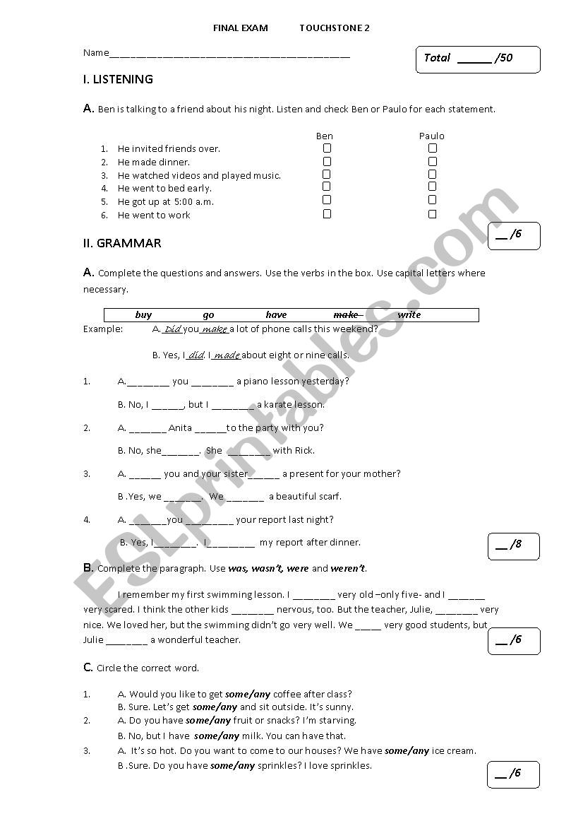 TOUCHSTONE 2  FINAL EXAM  worksheet