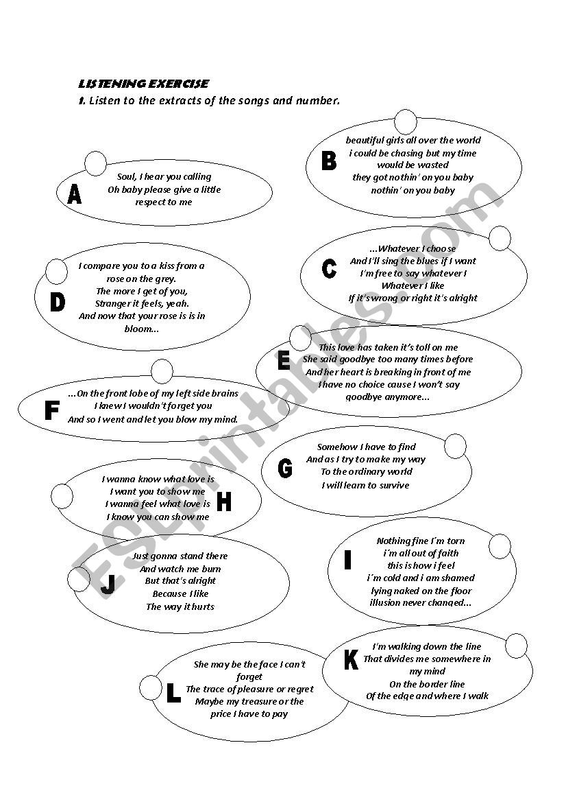 extracts songs worksheet