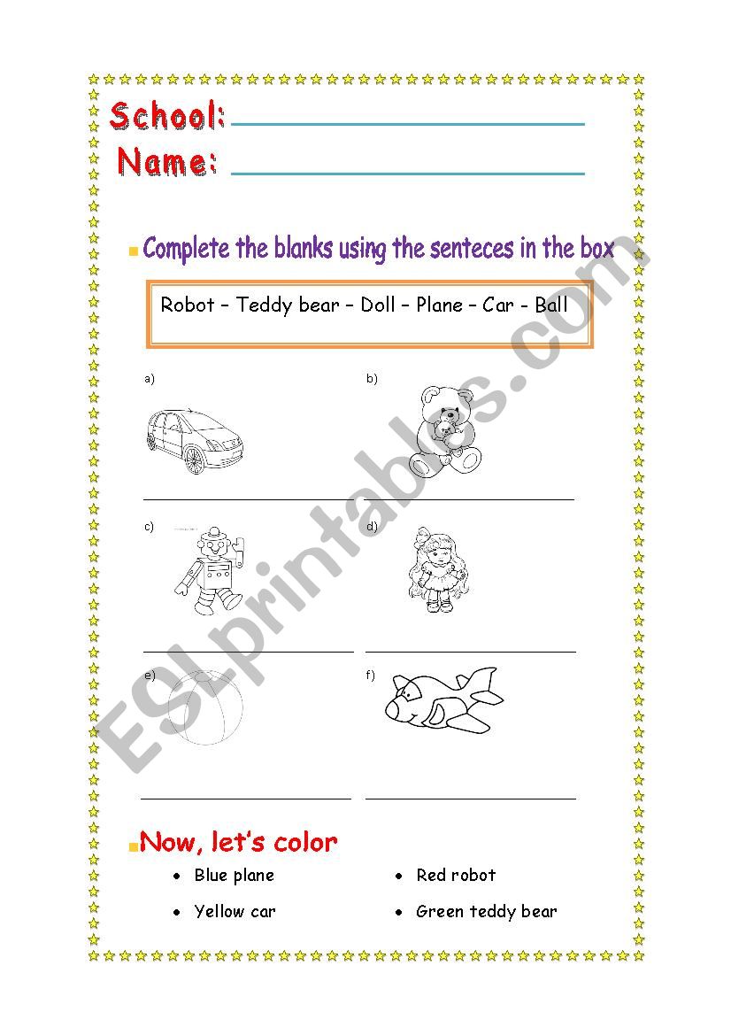 Colors and toys worksheet