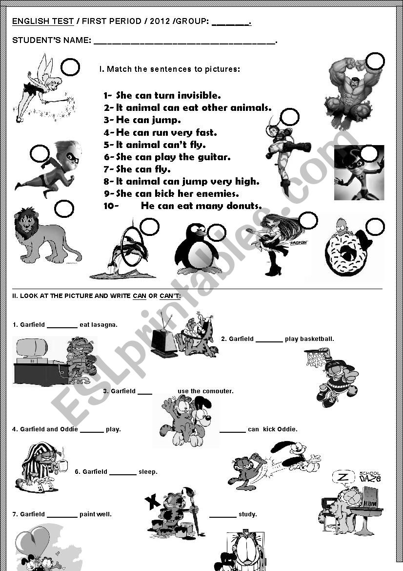 ENGLISH TEST - CAN -CANT worksheet