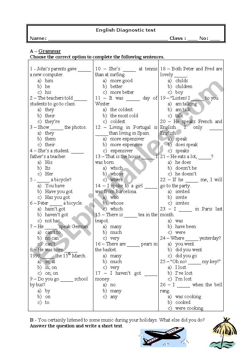 Diagnostic Test (with Key) worksheet
