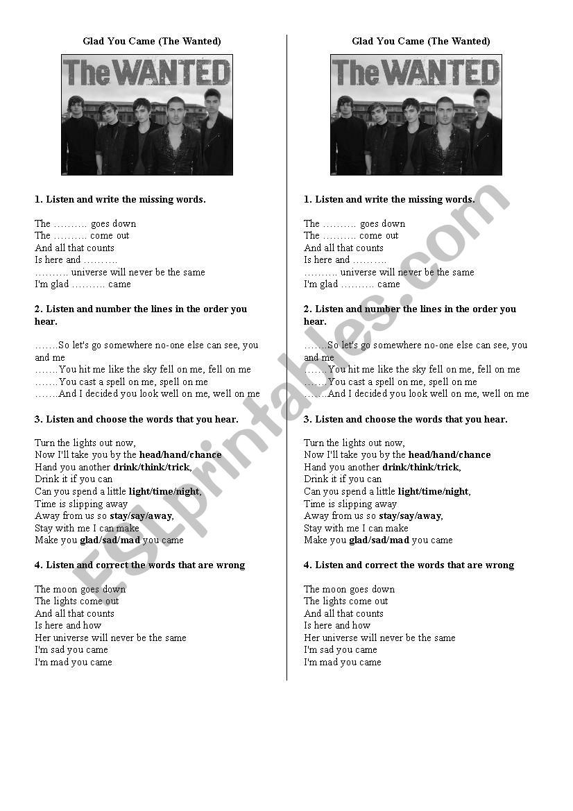 Song activity - Glad you came worksheet