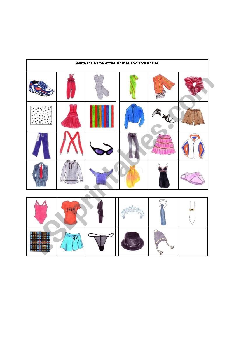 Clothes and accessories worksheet