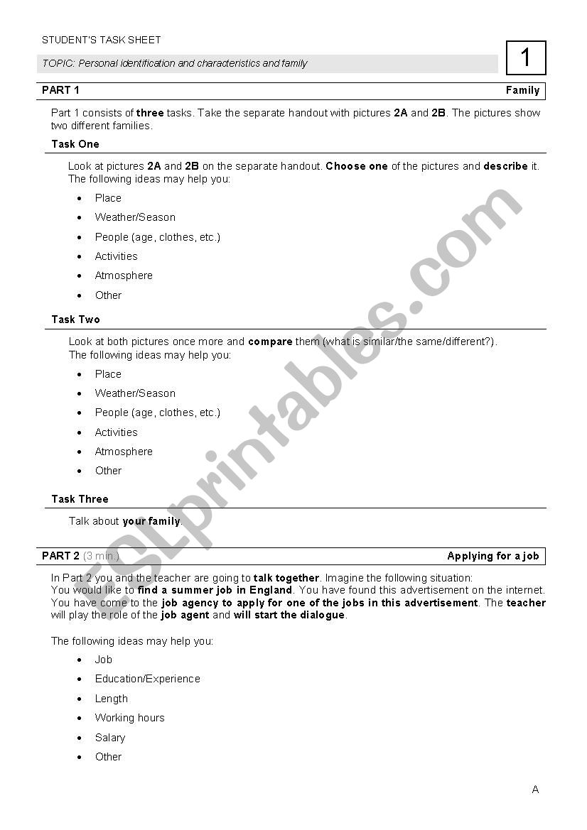 Personal identification and characteristics and family