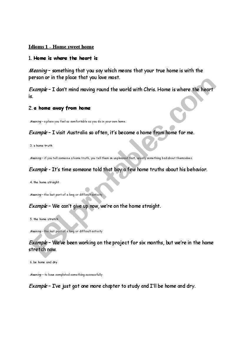 Idioms 1 - Home sweet home  worksheet