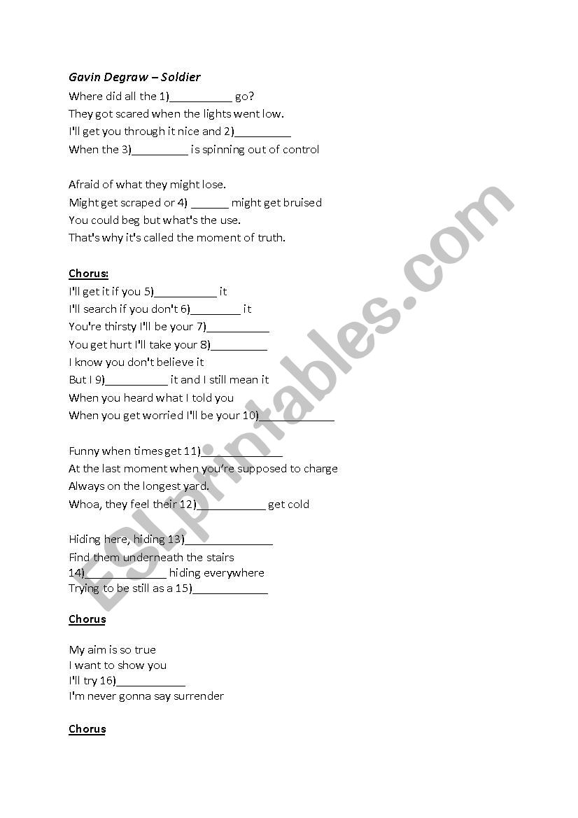 Gavin Degraw soldier lyrics assignment