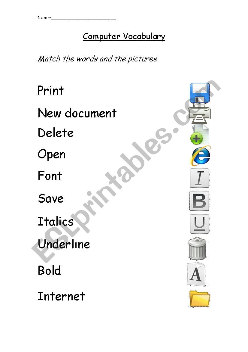 Vocabulary for Computers worksheet