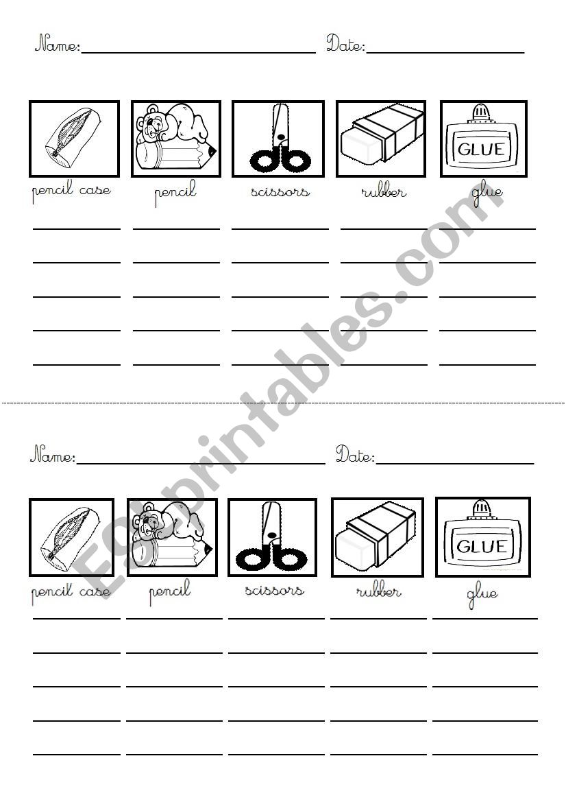 School objects Spelling worksheet