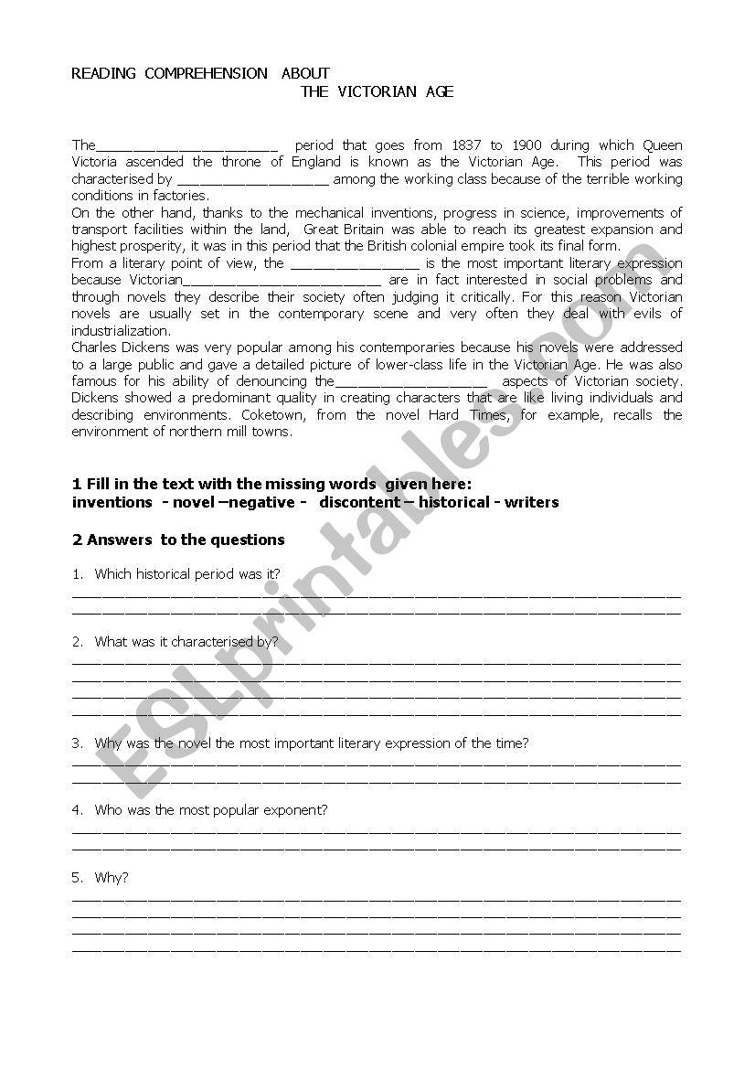 VICTORIAN  AGE worksheet