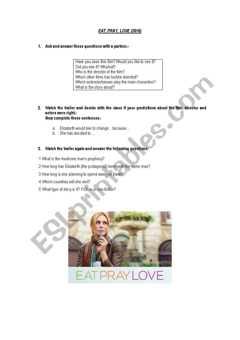 Eat, pray, love Trailer worksheet