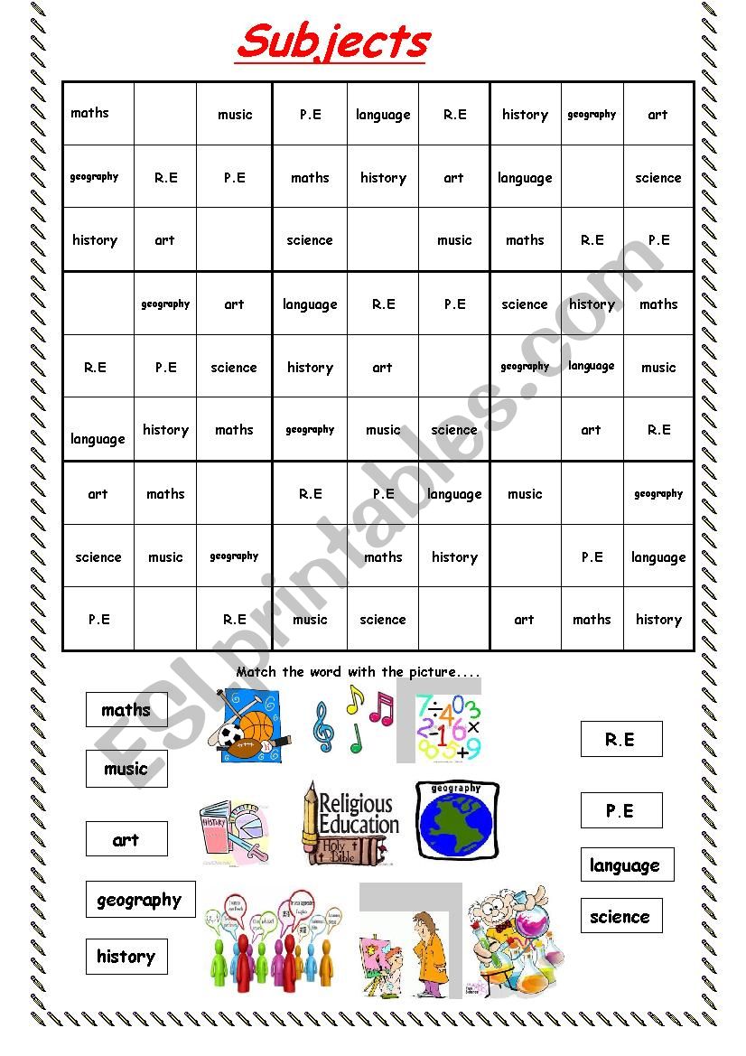 Subjects SUDUKO worksheet