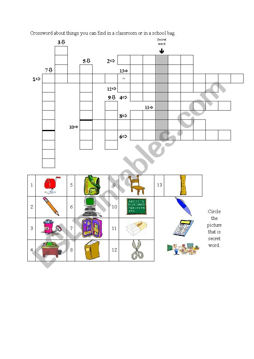 School things - crossword worksheet