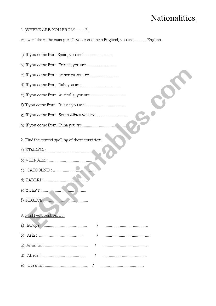  Nationalities worksheet
