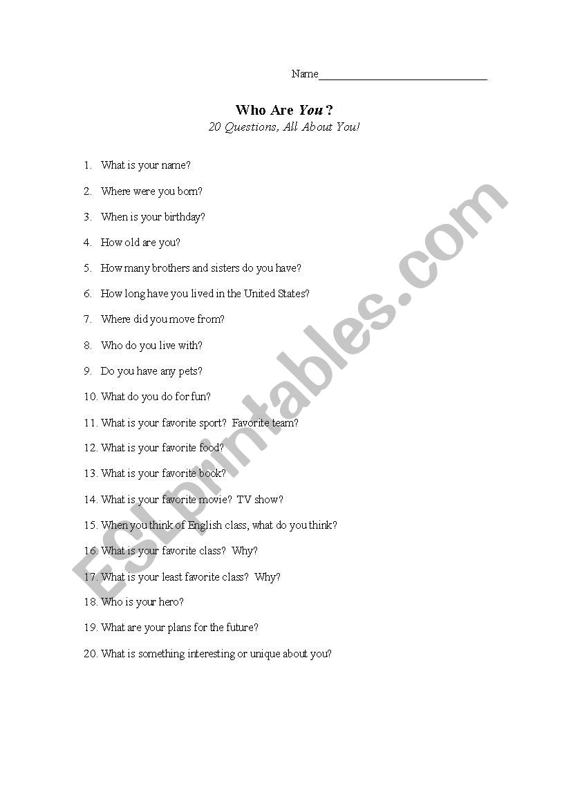 20 Questions: Who are you? worksheet