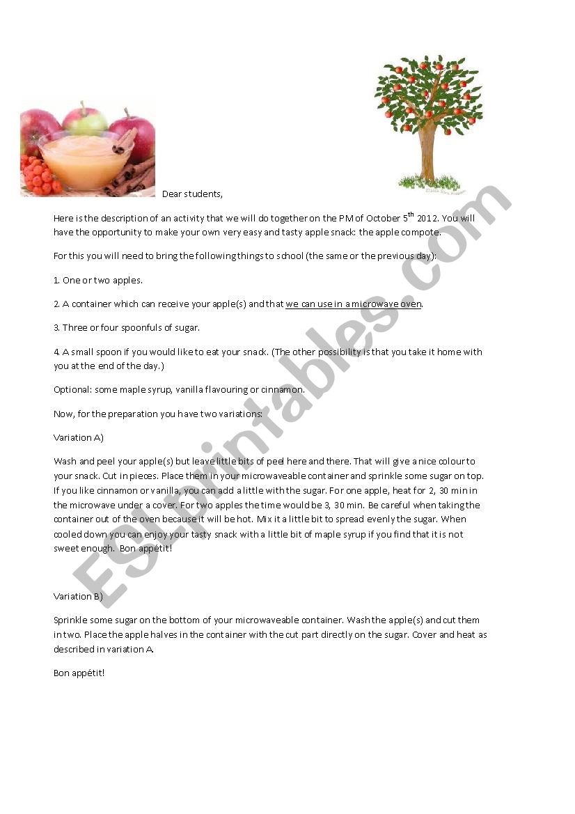 Apple snack worksheet