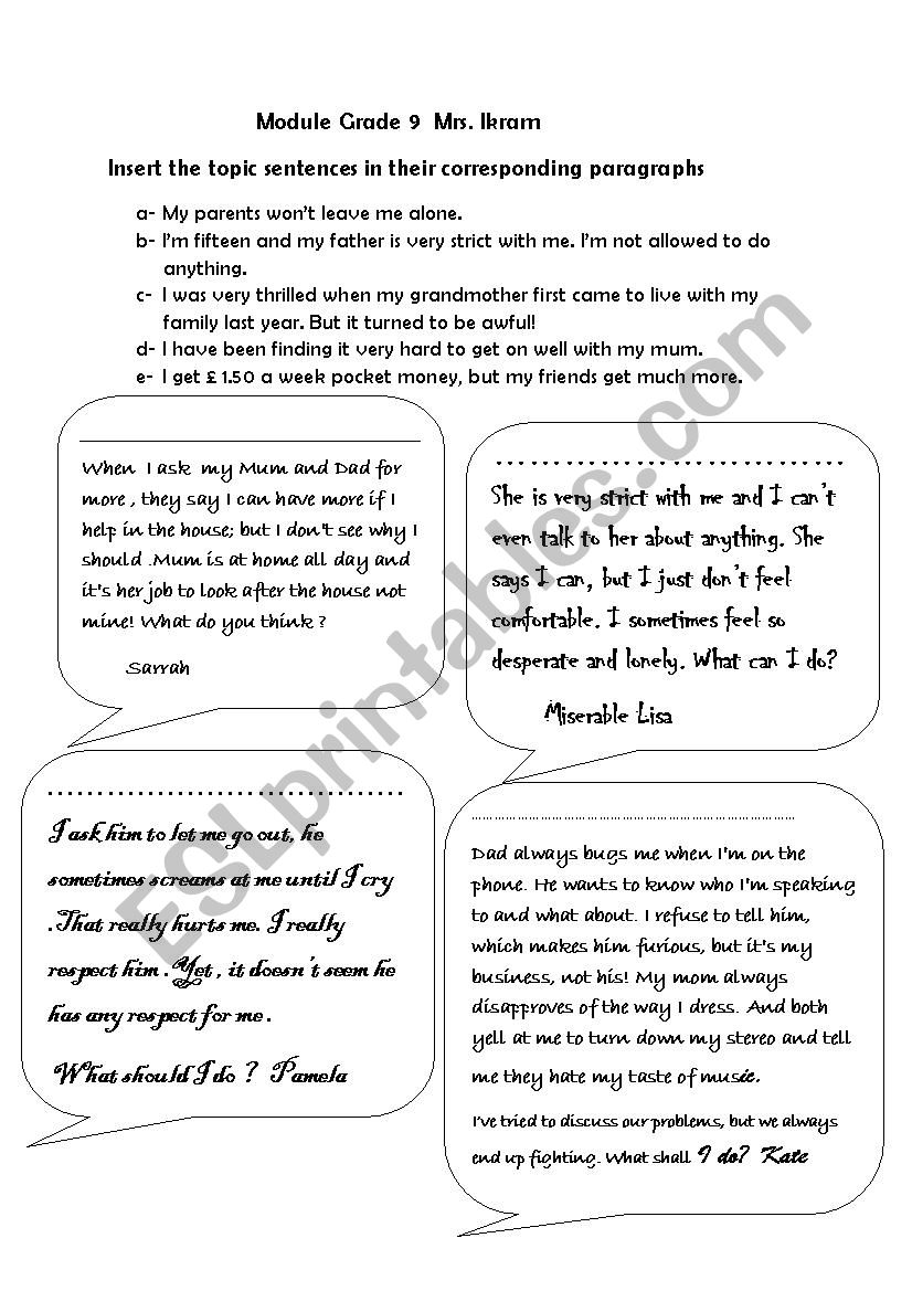 reinsert the topic sentences worksheet