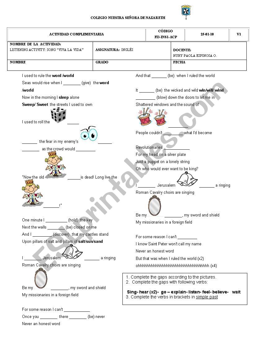 viva la vida  worksheet