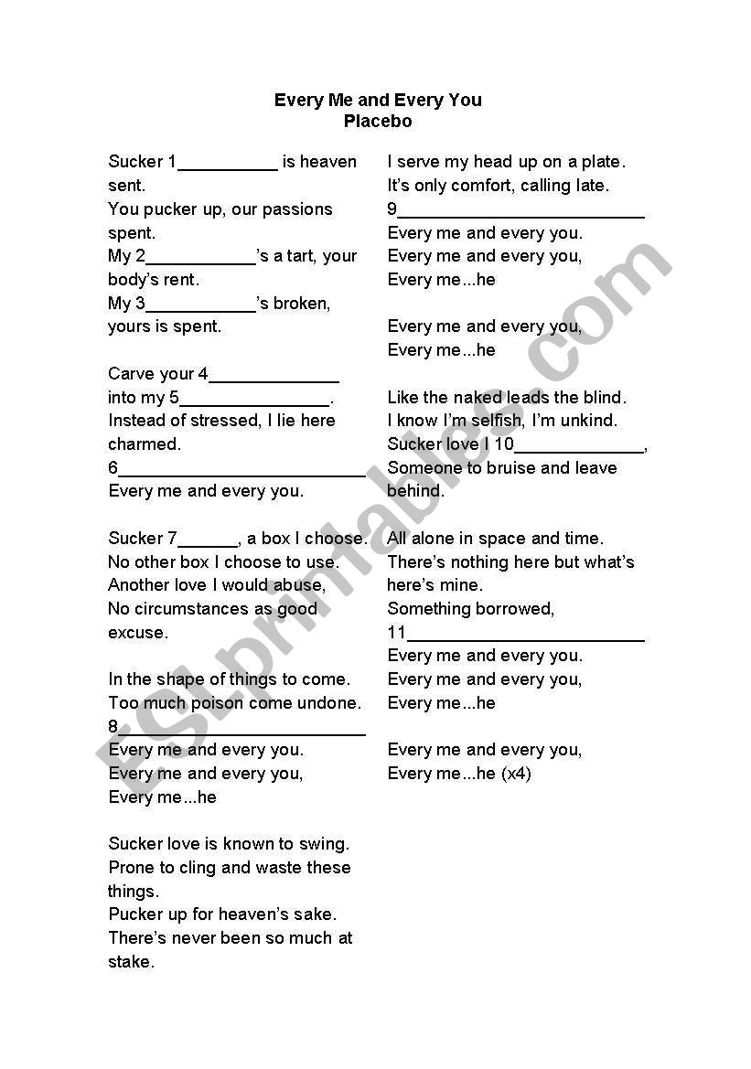 Every Me and Every you worksheet