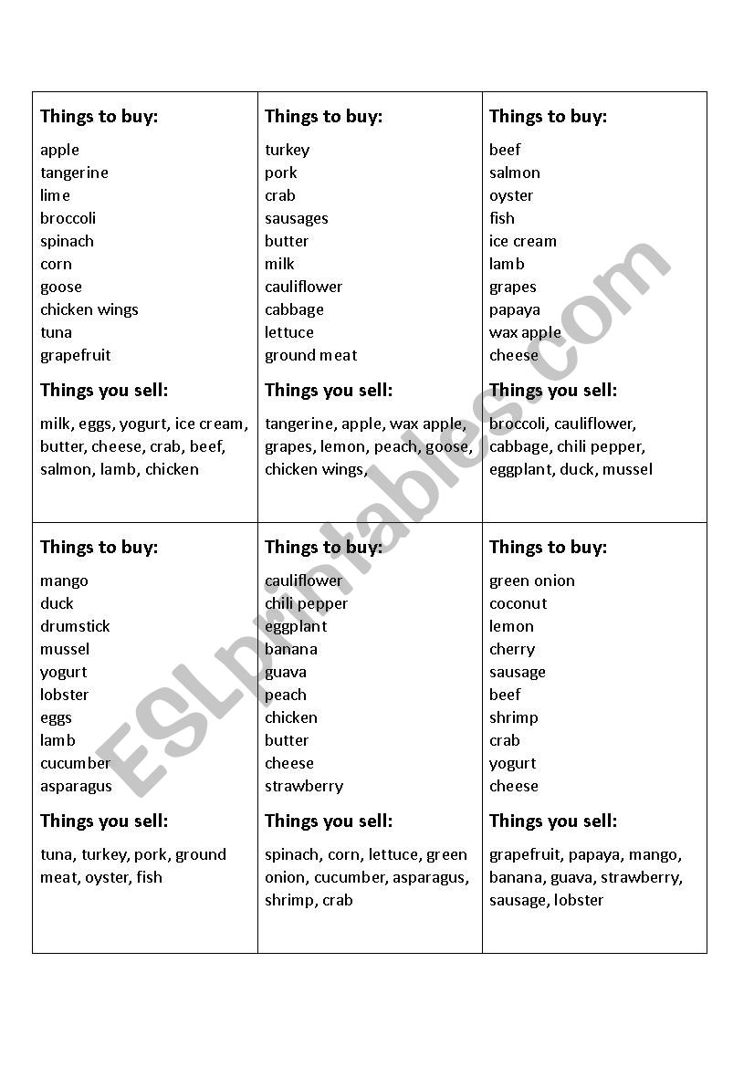 Shopping List worksheet