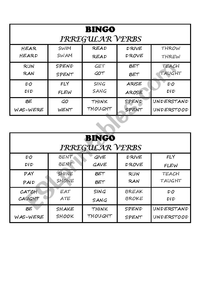 VERBS(PRESENT-PAST PAST PARTICIPLE) BINGO - PART 2