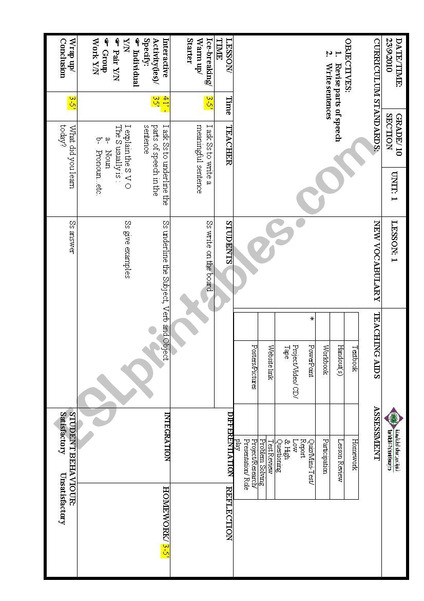 parts of speech worksheet