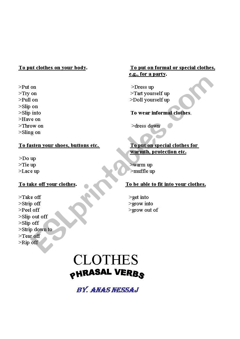 Clothes Phrasal Verbs worksheet