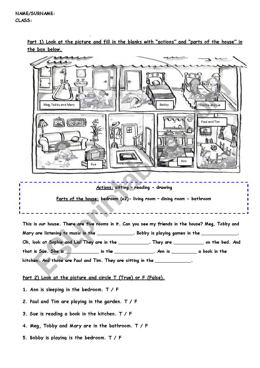 Actions + Parts of the House + Present Continuous Tense ( Fully Editable version)  Black and White