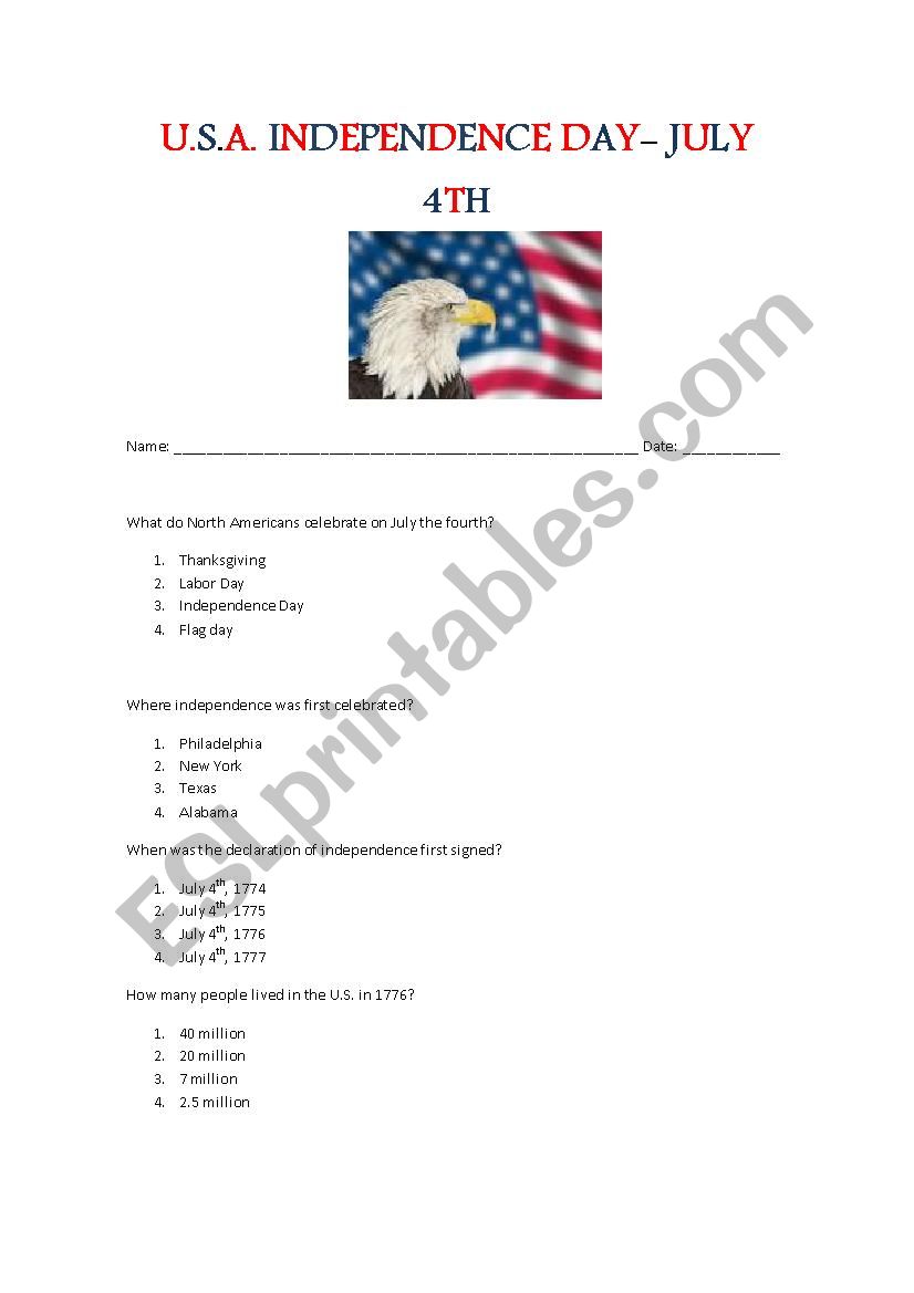 The U.S.A Independance Day worksheet