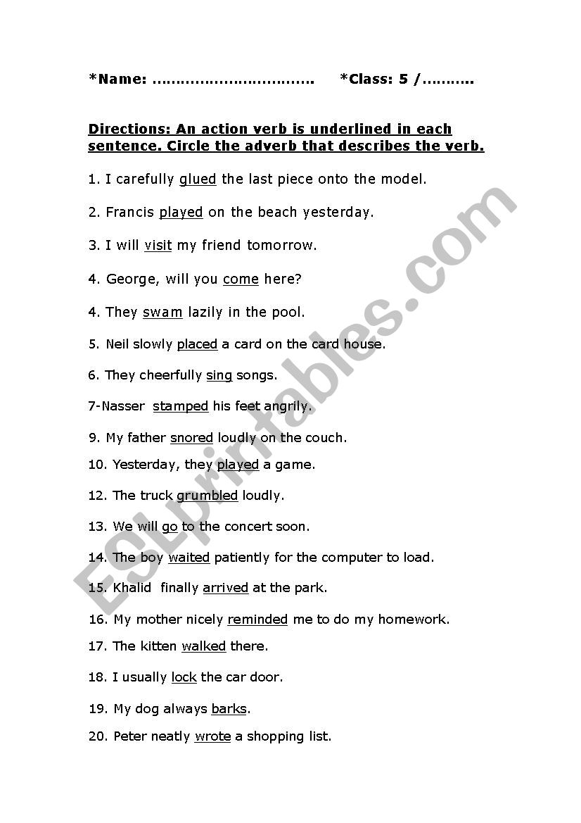 adverb exam worksheet