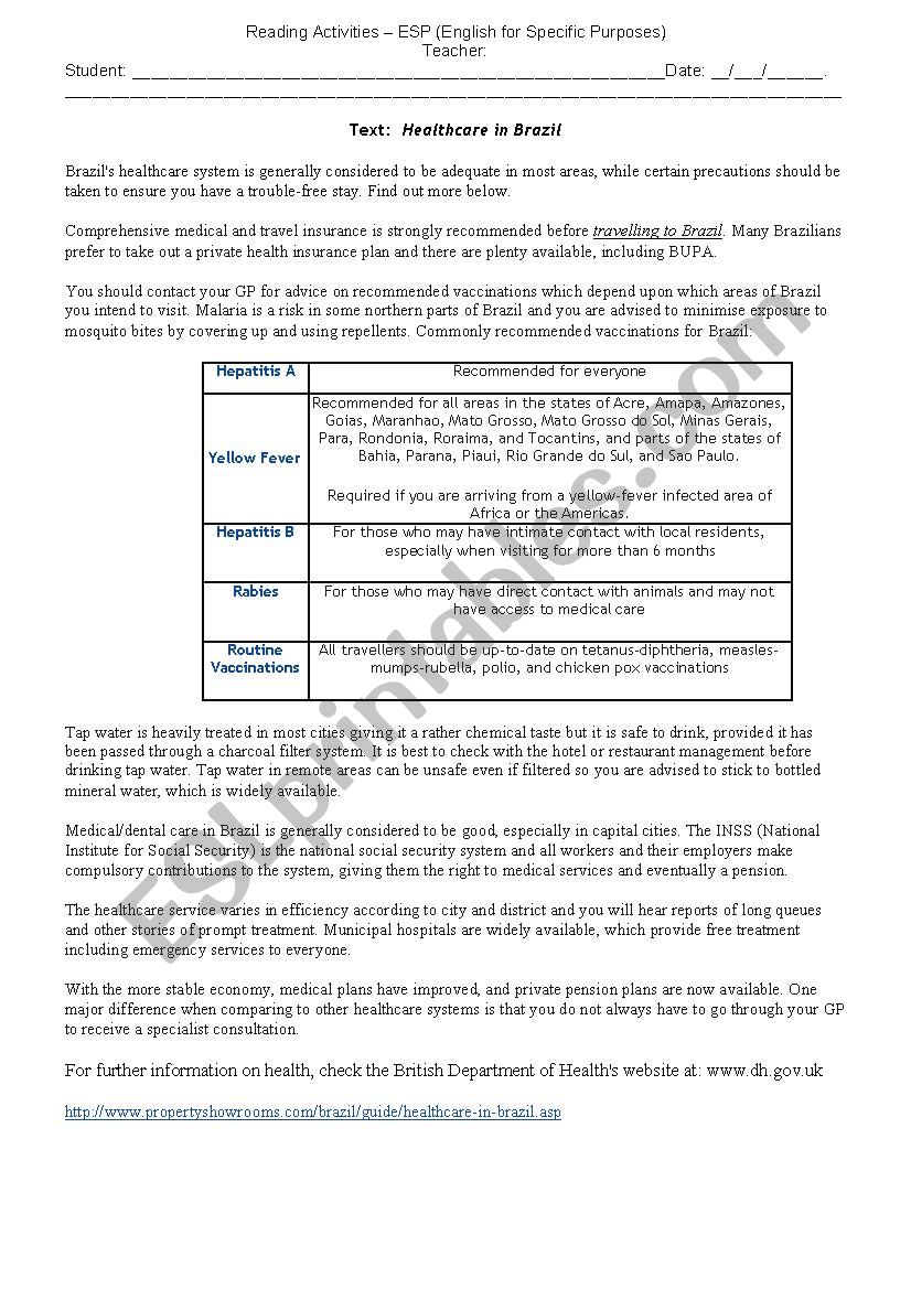 ESP reading activity - Healthcare in Brazil