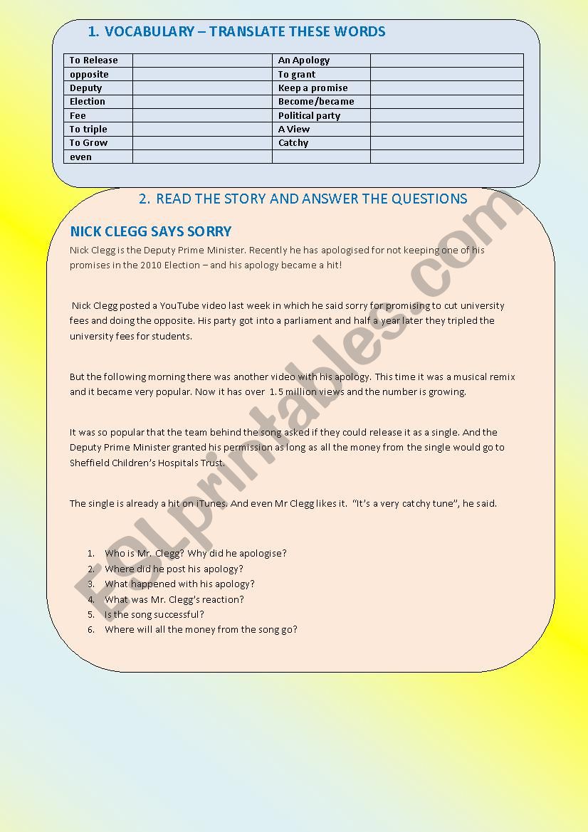 Nick Clegg says sorry worksheet