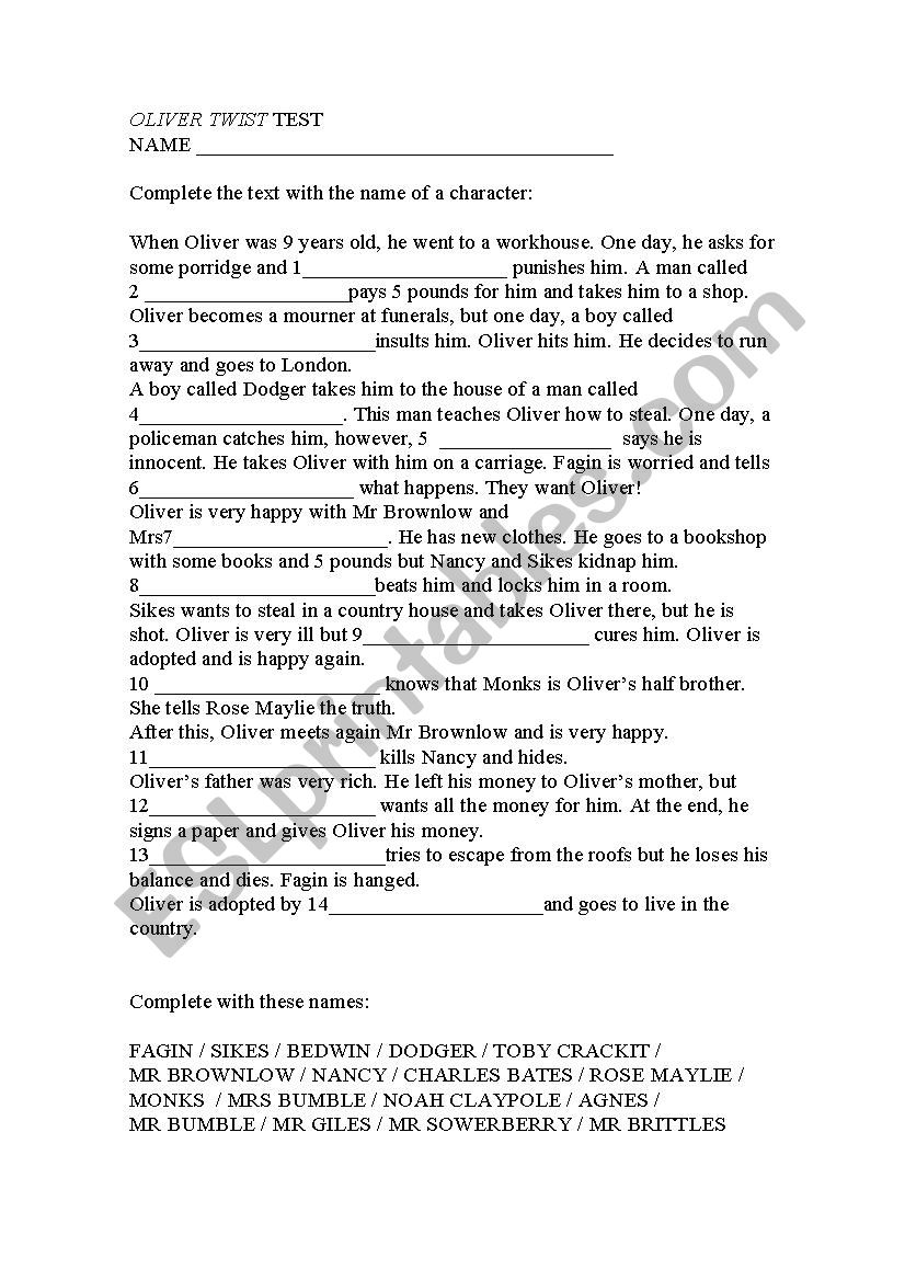 Oliver Twist Reading Test worksheet