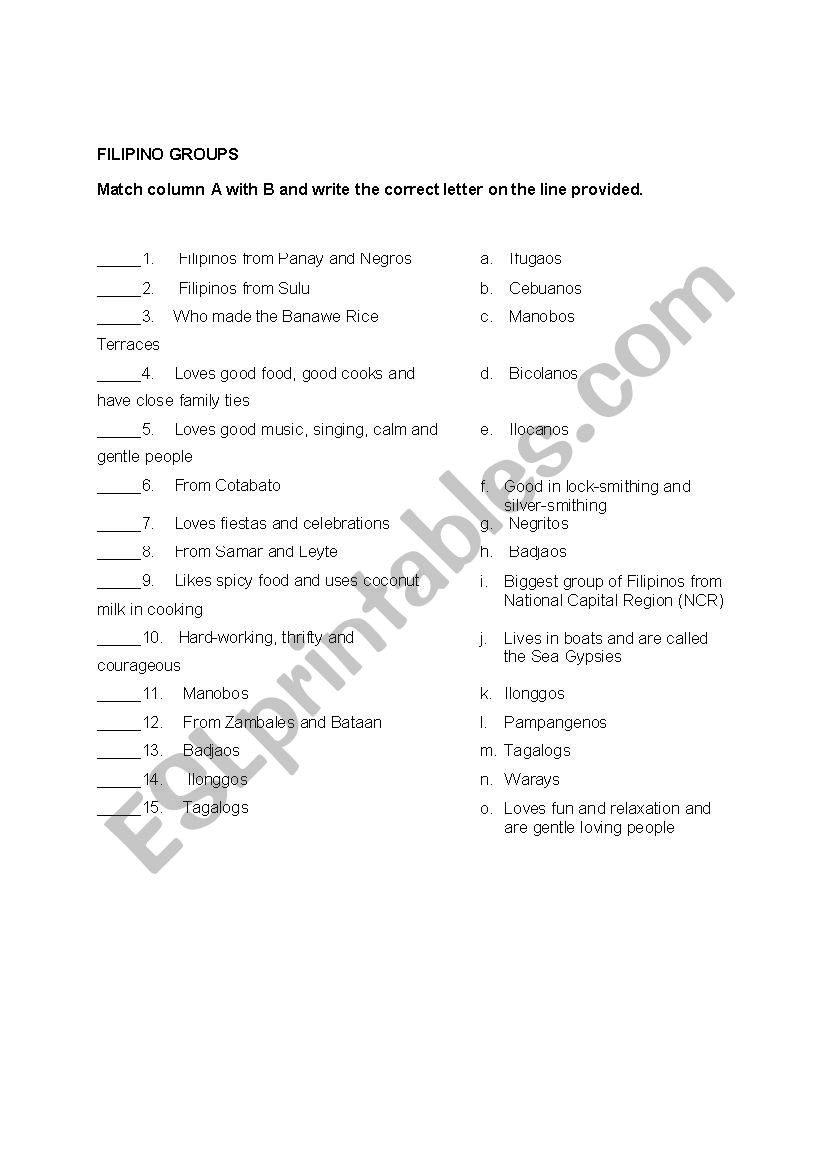 Filipino Groups worksheet