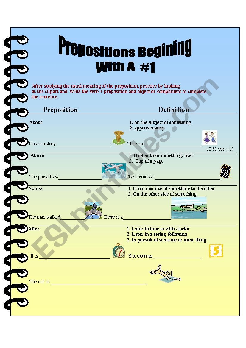Prepostions Beging with A worksheet