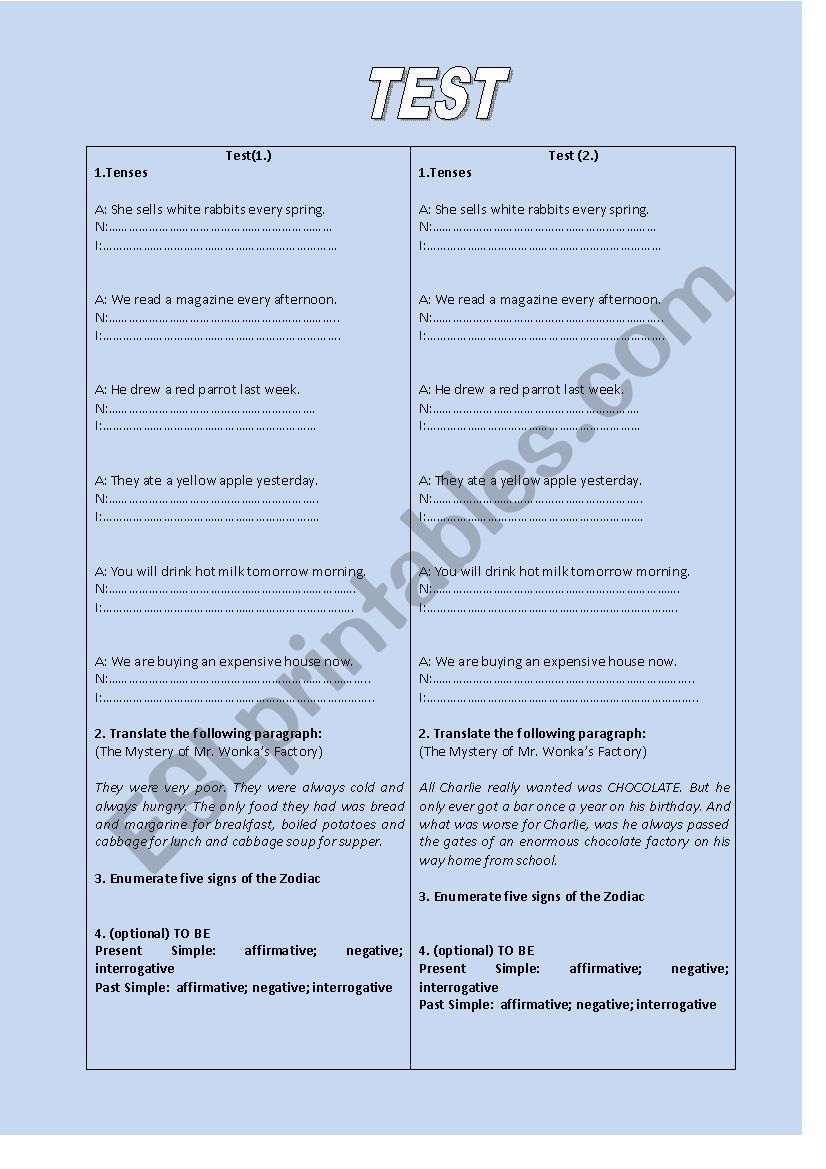 TEST Tenses, translation worksheet