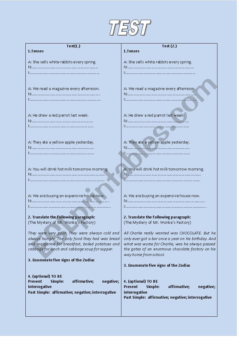 TEST Tenses Translation ESL Worksheet By Madoxyama
