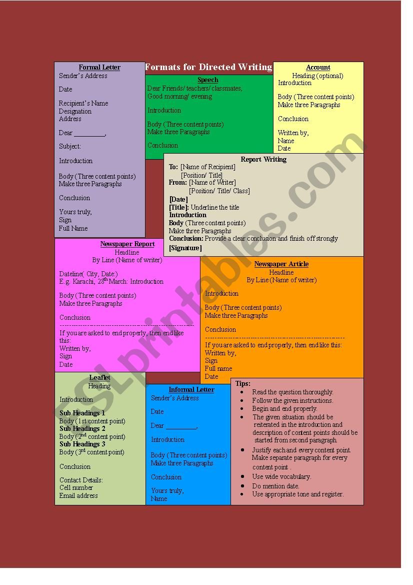 Formats for Directed Writing worksheet