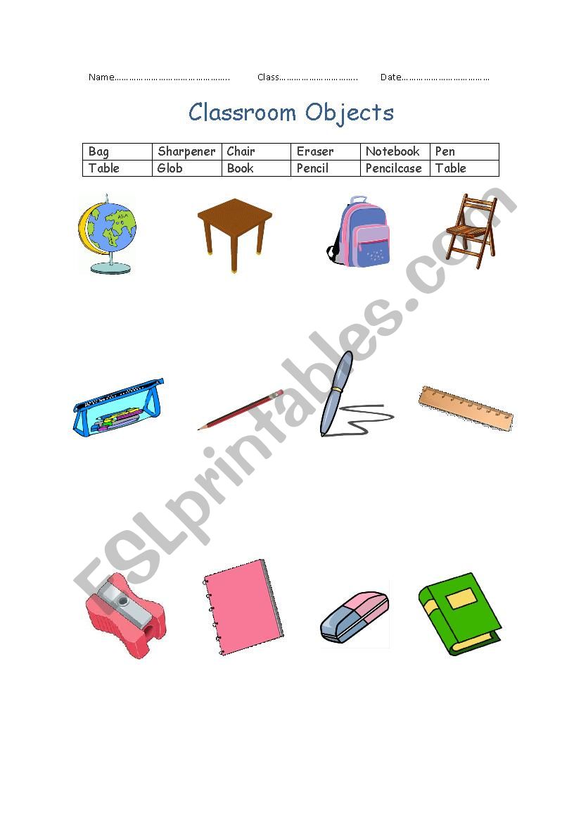Class Room objects worksheet