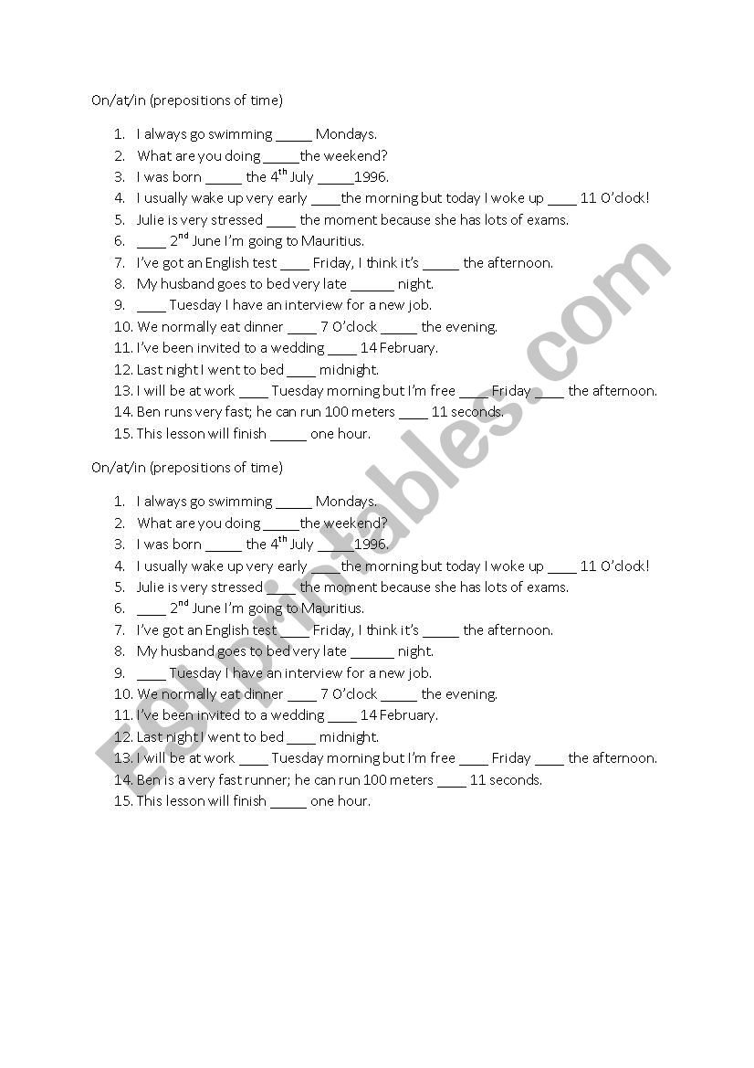 in, on, at time prepositions exercise (2 per sheet)