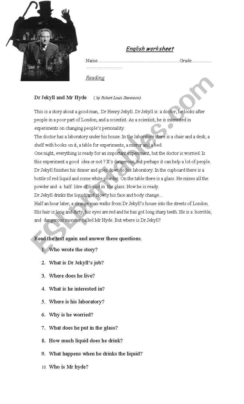 Dr Jekyll and mr Hyde worksheet