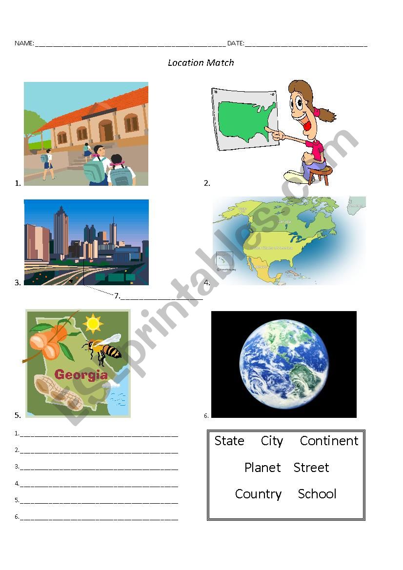 Location Matchup worksheet
