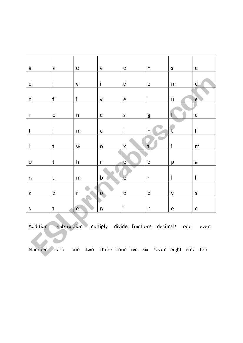 Maths vocabulary word search  worksheet