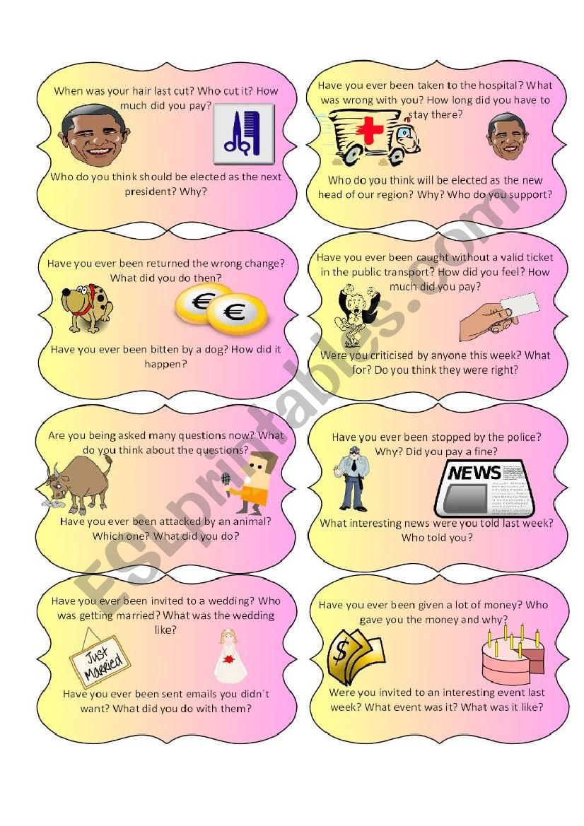 Passive speaking cards worksheet