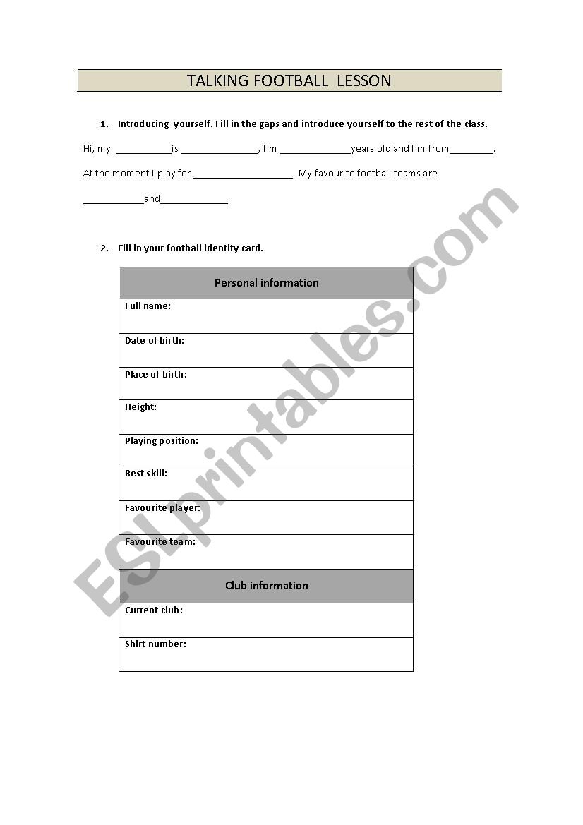 Talking football worksheet